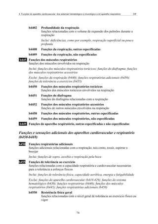 4. Funções do aparelho cardiovascular, dos sistemas hematológico e imunológico e do aparelho respiratório   CIF




          b4402        Profundidade da respiração
                       funções relacionadas com o volume de expansão dos pulmões durante a
                       respiração
                       Inclui: deficiências, como por exemplo, respiração superficial ou pouco
                       profunda
          b4408        Funções da respiração, outras especificadas
          b4409        Funções da respiração, não especificadas
b445 Funções dos músculos respiratórios
     funções dos músculos envolvidos na respiração
          Inclui: funções dos músculos respiratórios torácicos; funções do diafragma; funções
          dos músculos respiratórios acessórios
          Exclui: funções da respiração (b440); funções respiratórias adicionais (b450);
          funções de tolerância a exercícios (b455)
          b4450        Funções dos músculos respiratórios torácicos
                       funções dos músculos torácicos envolvidos na respiração
          b4451        Funções do diafragma
                       funções do diafragma relacionadas com a respiração
          b4452        Funções dos músculos respiratórios acessórios
                       funções de outros músculos envolvidos na respiração
          b4458        Funções dos músculos respiratórios, outras especificadas
          b4459        Funções dos músculos respiratórios, não especificadas
b449 Funções do aparelho respiratório, outras especificadas e não especificadas

Funções e sensações adicionais dos aparelhos cardiovascular e respiratório
(b450-b469)
b450      Funções respiratórias adicionais
          funções adicionais relacionadas com a respiração, tais como, tossir, espirrar e
          bocejar
          Inclui: funções de sopro, assobio e respiração pela boca
b455      Funções de tolerância ao exercício
          funções relacionadas com a capacidade respiratória e cardiovascular necessárias
          para a tolerância a esforços físicos
          Inclui: funções de tolerância física, capacidade aeróbica, energia e fatigabilidade
          Exclui: funções do aparelho cardiovascular (b410-429); funções do sistema
          hematológico (b430); funções respiratórias (b440); funções dos músculos
          respiratórios (b445); funções respiratórias adicionais (b450)
          b4550        Resistência física geral
                       funções relacionadas com o nível geral de tolerância ao exercício físico ou
                       vigor



                                                           74
 