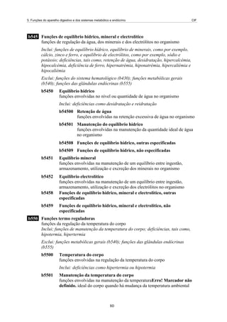 5. Funções do aparelho digestivo e dos sistemas metabólico e endócrino                        CIF




b545 Funções de equilíbrio hídrico, mineral e electrolítico
     funções de regulação da água, dos minerais e dos electrólitos no organismo
          Inclui: funções de equilíbrio hídrico, equilíbrio de minerais, como por exemplo,
          cálcio, zinco e ferro, e equilíbrio de electrólitos, como por exemplo, sódio e
          potássio; deficiências, tais como, retenção de água, desidratação, hipercalcémia,
          hipocalcémia, deficiência de ferro, hipernatrémia, hiponatrémia, hipercaliémia e
          hipocaliémia
          Exclui: funções do sistema hematológico (b430); funções metabólicas gerais
          (b540); funções das glândulas endócrinas (b555)
          b5450       Equilíbrio hídrico
                      funções envolvidas no nível ou quantidade de água no organismo
                      Inclui: deficiências como desidratação e reidratação
                      b54500 Retenção de água
                             funções envolvidas na retenção excessiva de água no organismo
                      b54501 Manutenção do equilíbrio hídrico
                             funções envolvidas na manutenção da quantidade ideal de água
                             no organismo
                      b54508 Funções de equilíbrio hídrico, outras especificadas
                      b54509 Funções de equilíbrio hídrico, não especificadas
          b5451       Equilíbrio mineral
                      funções envolvidas na manutenção de um equilíbrio entre ingestão,
                      armazenamento, utilização e excreção dos minerais no organismo
          b5452       Equilíbrio electrolítico
                      funções envolvidas na manutenção de um equilíbrio entre ingestão,
                      armazenamento, utilização e excreção dos electrólitos no organismo
          b5458       Funções de equilíbrio hídrico, mineral e electrolítico, outras
                      especificadas
          b5459       Funções de equilíbrio hídrico, mineral e electrolítico, não
                      especificadas
b550 Funções termo reguladoras
     funções da regulação da temperatura do corpo
     Inclui; funções de manutenção da temperatura do corpo; deficiências, tais como,
     hipotermia, hipertermia
          Exclui: funções metabólicas gerais (b540); funções das glândulas endócrinas
          (b555)
          b5500       Temperatura do corpo
                      funções envolvidas na regulação da temperatura do corpo
                      Inclui: deficiências como hipertermia ou hipotermia
          b5501       Manutenção da temperatura do corpo
                      funções envolvidas na manutenção da temperaturaErro! Marcador não
                      definido. ideal do corpo quando há mudança da temperatura ambiental



                                                          80
 