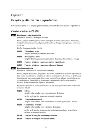 Capítulo 6
Funções geniturinárias e reprodutivas
Este capítulo refere-se às funções genitourinárias, incluindo funções sexuais e reprodutivas

Funções urinárias (b610-639)
b610 Funções de excreção urinária
     funções de filtração e drenagem de urina
       Inclui: funções de filtração de urina, drenagem de urina; deficiências, tais como,
       insuficiência renal, anúria, oligúria, hidronefrose, bexiga neurogénica e obstrução
       uretérica
       Exclui: funções urinárias (b620)
       b6100     Filtração da urina
                 funções de filtração da urina pelos rins
       b6101     Drenagem da urina
                 funções de drenagem e armazenamento da urina pelos ureteres e bexiga
       b6108     Funções urinárias excretoras, outras especificadas
       b6109     Funções urinárias excretoras, não especificadas
b620 Funções miccionais
     funções de eliminação da urina através da bexiga
       Inclui: funções miccionais, frequência miccional, continência urinária; deficiências,
       tais como, incontinência urinária de esforço (em situações de stresse ou de tensão),
       incontinência por necessidade imperiosa, incontinência reflexa, incontinência por
       regurgitamento, incontinência permanente, polaquiúria, bexiga neurogénica,
       poliúria, retenção urinária, urgência micccional
       Excepções: funções de excreção urinária (b610); sensações associadas às funções
       urinárias (b630)
       b6200     Micção
                 funções relacionadas com o esvaziamento da bexiga
                 Inclui: deficiências, tais como, retenção urinária
       b6201     Frequência miccional
                 funções relacionadas com o número de vezes em que ocorre a micção
       b6202     Continência urinária
                 funções relacionadas com o controlo da micção
                 Inclui: deficiências, tais como, incontinência de esforço, de urgência,
                 reflexa, permanente e mista
       b6208     Funções de micção, outras especificadas
       b6209     Funções de micção, não especificadas



                                             82
 