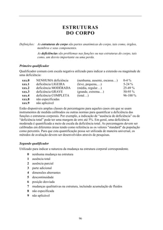 ESTRUTURAS
                                 DO CORPO

Definições: As estruturas do corpo são partes anatómicas do corpo, tais como, órgãos,
            membros e seus componentes.
             As deficiências são problemas nas funções ou nas estruturas do corpo, tais
             como, um desvio importante ou uma perda.

Primeiro qualificador
Qualificador comum com escala negativa utilizado para indicar a extensão ou magnitude de
uma deficiência:
 xxx.0      NENHUMA deficiência            (nenhuma, ausente, escassa…)        0-4 %
 xxx.1      deficiência LIGEIRA            (leve, pequena,…)                   5-24 %
 xxx.2      deficiência MODÉRADA           (média, regular…)                   25-49 %
 xxx.3      deficiência GRAVE              (grande, extrema…)                  50-95 %
 xxx.4      deficiência COMPLETA           (total…)                            96-100 %
 xxx.8      não especificadas
 xxx.9      não aplicável
Estão disponíveis amplas classes de percentagens para aqueles casos em que se usam
instrumentos de medida calibrados ou outras normas para quantificar a deficiência das
funções e estruturas corporais. Por exemplo, a indicação de “ausência de deficiência” ou de
“deficiência total” pode ter uma margem de erro até 5%. Em geral, uma deficiência
moderada é quantificada a meio da escala da deficiência total. As percentagens devem ser
calibradas em diferentes áreas tendo como referência as os valores "standard" da população
como percentis. Para que esta quantificação possa ser utilizada de maneira universal, os
métodos de avaliação devem ser desenvolvidos através de pesquisas.

Segundo qualificador
Utilizado para indicar a natureza da mudança na estrutura corporal correspondente.
     0   nenhuma mudança na estrutura
     1   ausência total
     2   ausência parcial
     3   parte adicional
     4   dimensões aberrantes
     5   descontinuidade
     6   posição desviada
     7   mudanças qualitativas na estrutura, incluindo acumulação de fluidos
     8   não especificada
     9   não aplicável




                                            96
 