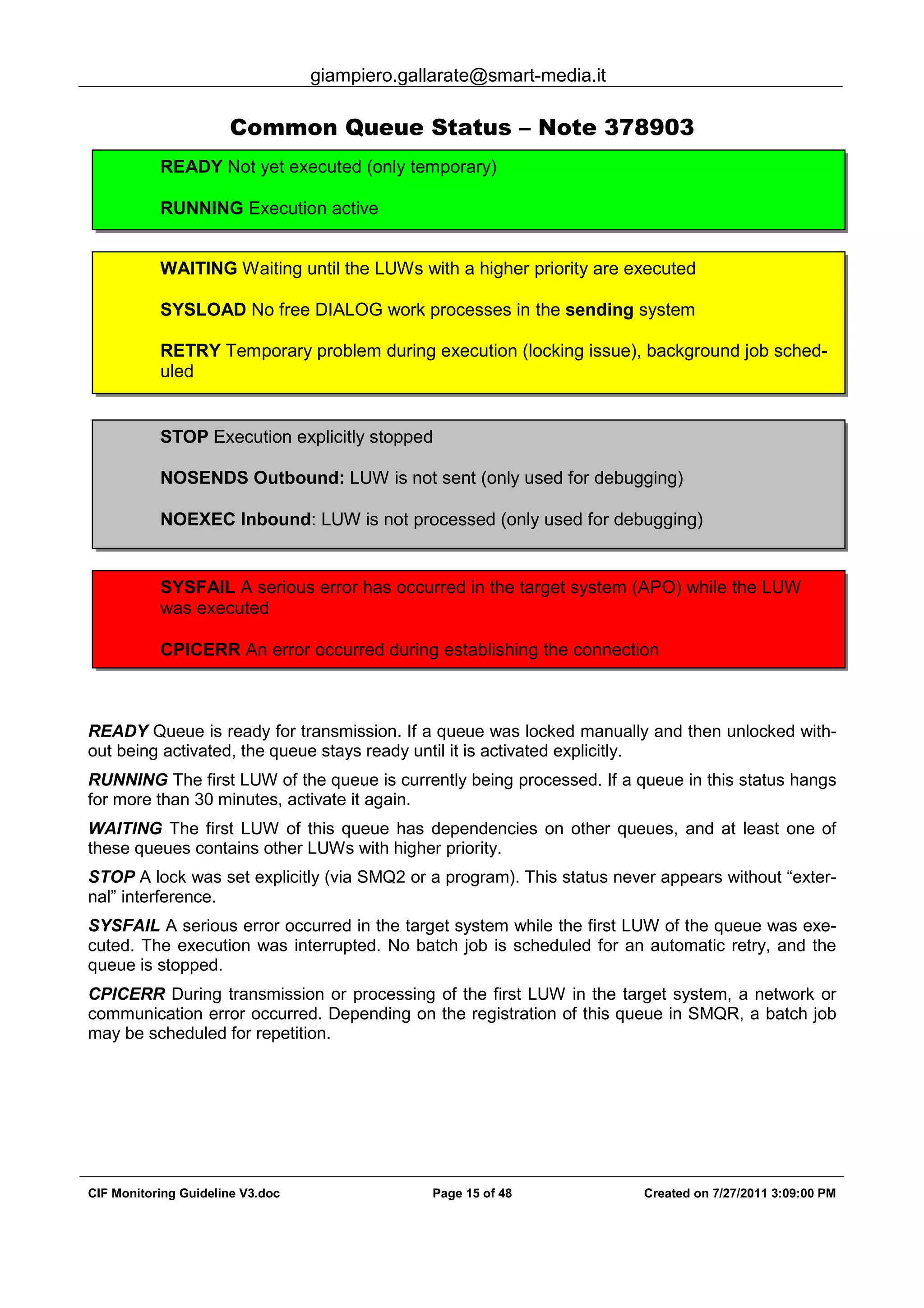 giampiero.gallarate@smart-media.it
CIF Monitoring Guideline V3.doc Page 15 of 48 Created on 7/27/2011 3:09:00 PM
Common Queue Status – Note 378903
READY Queue is ready for transmission. If a queue was locked manually and then unlocked with-
out being activated, the queue stays ready until it is activated explicitly.
RUNNING The first LUW of the queue is currently being processed. If a queue in this status hangs
for more than 30 minutes, activate it again.
WAITING The first LUW of this queue has dependencies on other queues, and at least one of
these queues contains other LUWs with higher priority.
STOP A lock was set explicitly (via SMQ2 or a program). This status never appears without “exter-
nal” interference.
SYSFAIL A serious error occurred in the target system while the first LUW of the queue was exe-
cuted. The execution was interrupted. No batch job is scheduled for an automatic retry, and the
queue is stopped.
CPICERR During transmission or processing of the first LUW in the target system, a network or
communication error occurred. Depending on the registration of this queue in SMQR, a batch job
may be scheduled for repetition.
READY Not yet executed (only temporary)
RUNNING Execution active
WAITING Waiting until the LUWs with a higher priority are executed
SYSLOAD No free DIALOG work processes in the sending system
RETRY Temporary problem during execution (locking issue), background job sched-
uled
STOP Execution explicitly stopped
NOSENDS Outbound: LUW is not sent (only used for debugging)
NOEXEC Inbound: LUW is not processed (only used for debugging)
SYSFAIL A serious error has occurred in the target system (APO) while the LUW
was executed
CPICERR An error occurred during establishing the connection
 