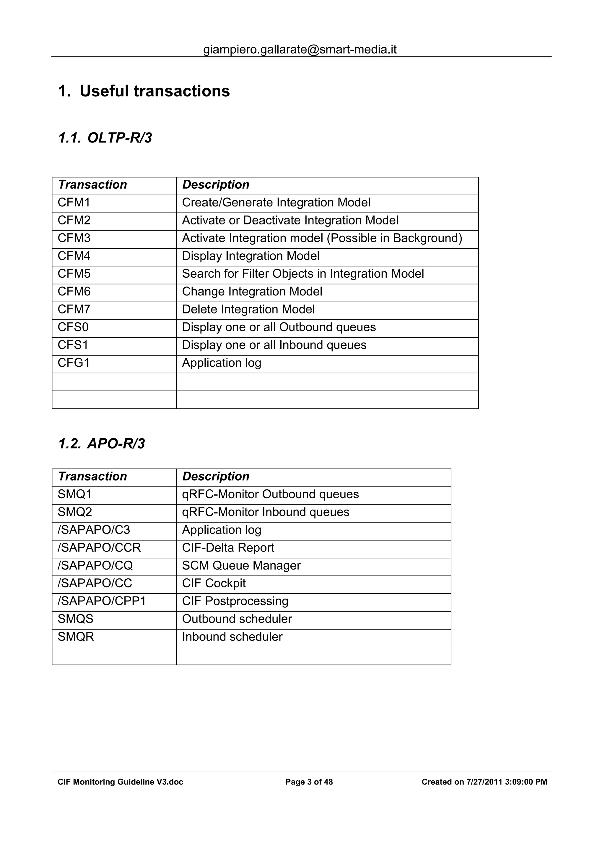 giampiero.gallarate@smart-media.it
CIF Monitoring Guideline V3.doc Page 3 of 48 Created on 7/27/2011 3:09:00 PM
1. Useful transactions
1.1. OLTP-R/3
Transaction Description
CFM1 Create/Generate Integration Model
CFM2 Activate or Deactivate Integration Model
CFM3 Activate Integration model (Possible in Background)
CFM4 Display Integration Model
CFM5 Search for Filter Objects in Integration Model
CFM6 Change Integration Model
CFM7 Delete Integration Model
CFS0 Display one or all Outbound queues
CFS1 Display one or all Inbound queues
CFG1 Application log
1.2. APO-R/3
Transaction Description
SMQ1 qRFC-Monitor Outbound queues
SMQ2 qRFC-Monitor Inbound queues
/SAPAPO/C3 Application log
/SAPAPO/CCR CIF-Delta Report
/SAPAPO/CQ SCM Queue Manager
/SAPAPO/CC CIF Cockpit
/SAPAPO/CPP1 CIF Postprocessing
SMQS Outbound scheduler
SMQR Inbound scheduler
 