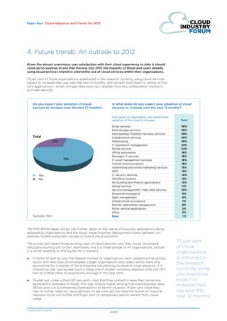 Paper four Cloud Adoption and Trends for 2012




4. Future trends: An outlook to 2012
Given the almost unanimous user satisfaction with their cloud experience to date it should
come as no surprise to see that moving into 2012 the majority of those end users already
using cloud services intend to extend the use of cloud services within their organisations.

73 per cent of those organisations questioned in the research currently using cloud services
expect to increase their use over the next 12 months, with growth most likely to centre on five
core applications – email, storage, data back-up / disaster recovery, collaboration solutions
and web services.



     Do you expect your adoption of cloud                  In what areas do you expect your adoption of cloud
     services to increase over the next 12 months?         services to increase over the next 12 months?


                                                           Only asked of respondents who expect their
                                                           adoption of the cloud to increase              Total

                                                           Email services                                 36%
                                                           Data storage services                          35%
                                                           Data backup/ Disaster recovery services        28%
     Total                                                 Collaboration services                         28%
                            27%                            Webhosting                                     26%
                                                           IT operations management                       23%
                                                           Portal services                                22%
                                                           Office automation                              18%
                                                           Managed IT services                            18%
                                  73%                      IT asset management services                   16%
                                                           Unified communications                         16%
                                                           Advertising and online marketing services      15%
                                                           CRM                                            15%
     ■	 Yes                                                IT security services                           14%
     ■	 No                                                 Workflow systems                               13%
                                                           Accounting and finance applications            12%
                                                           eShop services                                 11%
                                                           Service management / Help desk services        10%
                                                           Personnel and payroll                           9%
                                                           Sales management                                9%
                                                           Infrastructure as a service                     7%
                                                           Partner relationship management                 6%
                                                           Niche vertical applications                     2%
                                                           Other                                           2%
     Sample: 160                                           Base                                            116



The fifth White Paper will go into further detail on the nature of business applications being
adopted by organisations and the issues impacting their deployment choice between on-
premise, hosted and public, private or hybrid cloud solutions.

The survey also asked those existing users of cloud services why they would not extend
                                                                                                        73 per cent
cloud provisioning still further. Admittedly this is a small sample of 44 organisations, and yet        of those
it is worth dwelling on the figures for a moment.                                                       organisations
●	In   terms of split by size, the highest number of organisations were categorised as private         questioned in
     sector with less than 20 employees. Larger organisations and public sector were only               the research
     accounting for a quarter of the companies not planning to expand cloud adoption. It is
     interesting that having seen such a sharp rise in smaller company adoption that one fifth          currently using
     had no further plans to expand cloud usage in the near term.                                       cloud services
●	Overall   just under a third (32 per cent) cited that they wished to keep their remaining            expect to
     applications and data in-house. This was notably higher among mid sized business were              increase their
     38 per cent (i.e. 6 companies) believed this to be the situation. 41 per cent cited they
     had no further need for cloud services, 14 per cent did not have the human or financial            use over the
     resource to roll out further and 9 per cent (4 companies) saw no benefit from cloud                next 12 months
     usage.


© Cloud Forum IP Ltd 2011
                                                         eight
 