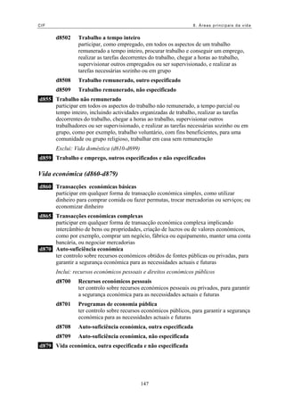 CIF 8. Áreas principais da vida
d8502 Trabalho a tempo inteiro
participar, como empregado, em todos os aspectos de um trabalho
remunerado a tempo inteiro, procurar trabalho e conseguir um emprego,
realizar as tarefas decorrentes do trabalho, chegar a horas ao trabalho,
supervisionar outros empregados ou ser supervisionado, e realizar as
tarefas necessárias sozinho ou em grupo
d8508 Trabalho remunerado, outro especificado
d8509 Trabalho remunerado, não especificado
d855 Trabalho não remunerado
participar em todos os aspectos do trabalho não remunerado, a tempo parcial ou
tempo inteiro, incluindo actividades organizadas de trabalho, realizar as tarefas
decorrentes do trabalho, chegar a horas ao trabalho, supervisionar outros
trabalhadores ou ser supervisionado, e realizar as tarefas necessárias sozinho ou em
grupo, como por exemplo, trabalho voluntário, com fins beneficientes, para uma
comunidade ou grupo religioso, trabalhar em casa sem remuneração
Exclui: Vida doméstica (d610-d699)
d859 Trabalho e emprego, outros especificados e não especificados
Vida económica (d860-d879)
d860 Transacções económicas básicas
participar em qualquer forma de transacção económica simples, como utilizar
dinheiro para comprar comida ou fazer permutas, trocar mercadorias ou serviços; ou
economizar dinheiro
d865 Transacções económicas complexas
participar em qualquer forma de transacção económica complexa implicando
intercâmbio de bens ou propriedades, criação de lucros ou de valores económicos,
como por exemplo, comprar um negócio, fábrica ou equipamento, manter uma conta
bancária, ou negociar mercadorias
d870 Auto-suficiência económica
ter controlo sobre recursos económicos obtidos de fontes públicas ou privadas, para
garantir a segurança económica para as necessidades actuais e futuras
Inclui: recursos económicos pessoais e direitos económicos públicos
d8700 Recursos económicos pessoais
ter controlo sobre recursos económicos pessoais ou privados, para garantir
a segurança económica para as necessidades actuais e futuras
d8701 Programas de economia pública
ter controlo sobre recursos económicos públicos, para garantir a segurança
económica para as necessidades actuais e futuras
d8708 Auto-suficiência económica, outra especificada
d8709 Auto-suficiência económica, não especificada
d879 Vida económica, outra especificada e não especificada
147
 