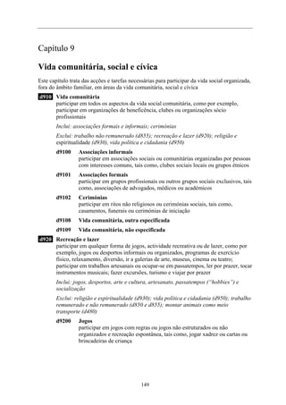 Capítulo 9
Vida comunitária, social e cívica
Este capítulo trata das acções e tarefas necessárias para participar da vida social organizada,
fora do âmbito familiar, em áreas da vida comunitária, social e cívica
d910 Vida comunitária
participar em todos os aspectos da vida social comunitária, como por exemplo,
participar em organizações de beneficência, clubes ou organizações sócio
profissionais
Inclui: associações formais e informais; cerimónias
Exclui: trabalho não remunerado (d855); recreação e lazer (d920); religião e
espiritualidade (d930), vida política e cidadania (d950)
d9100 Associações informais
participar em associações sociais ou comunitárias organizadas por pessoas
com interesses comuns, tais como, clubes sociais locais ou grupos étnicos
d9101 Associações formais
participar em grupos profissionais ou outros grupos sociais exclusivos, tais
como, associações de advogados, médicos ou académicos
d9102 Cerimónias
participar em ritos não religiosos ou cerimónias sociais, tais como,
casamentos, funerais ou cerimónias de iniciação
d9108 Vida comunitária, outra especificada
d9109 Vida comunitária, não especificada
d920 Recreação e lazer
participar em qualquer forma de jogos, actividade recreativa ou de lazer, como por
exemplo, jogos ou desportos informais ou organizados, programas de exercício
físico, relaxamento, diversão, ir a galerias de arte, museus, cinema ou teatro;
participar em trabalhos artesanais ou ocupar-se em passatempos, ler por prazer, tocar
instrumentos musicais; fazer excursões, turismo e viajar por prazer
Inclui: jogos, desportos, arte e cultura, artesanato, passatempos (“hobbies”) e
socialização
Exclui: religião e espiritualidade (d930); vida política e cidadania (d950); trabalho
remunerado e não remunerado (d850 e d855); montar animais como meio
transporte (d480)
d9200 Jogos
participar em jogos com regras ou jogos não estruturados ou não
organizados e recreação espontânea, tais como, jogar xadrez ou cartas ou
brincadeiras de criança
149
 