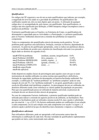 Anexo 2. Guia para a codificação pela CIF CIF
Qualificadores
Os códigos da CIF requerem o uso de um ou mais qualificadores que indicam, por exemplo,
a magnitude do nível de saúde ou a gravidade do problema. Os qualificadores são
codificados usando um, dois ou mais dígitos após um ponto. A utilização de qualquer
código deve vir acompanhada de, pelo menos, um qualificador. Sem qualificadores, os
códigos não têm significado (por definição, a OMS interpreta códigos incompletos como a
ausência de problema – xxx.00).
O primeiro qualificador para as Funções e as Estruturas do Corpo, os qualificadores de
desempenho e capacidade para as Actividades e a Participação, e o primeiro qualificador
para os Factores Ambientais descrevem a extensão dos problemas no respectivo
componente.
Todos os componentes são quantificados através da mesma escala genérica. Ter um
problema pode significar uma deficiência, limitação, restrição ou barreira, dependendo do
constructo. As palavras de qualificação apropriadas, como se indica nos parênteses abaixo,
devem ser escolhidas de acordo com o domínio de classificação relevante (xxx precede o
dígito dado ao domínio de segundo nível):
xxx.0 NÃO há problema (nenhum, ausente, insignificante) 0-4%
xxx.1 Problema LIGEIRO (leve, pequeno, ...) 5-24%
xxx.2 Problema MODERADO (médio, regular, ...) 25-49%
xxx.3 Problema GRAVE (grande, extremo, ...) 50-95%
xxx.4 Problema COMPLETO (total, ....) 96-100%
xxx.8 não especificado
xxx.9 não aplicável
Estão disponíveis amplas classes de percentagens para aqueles casos em que se usam
instrumentos de medida calibrados ou outras normas para quantificar a deficiência,
limitação de capacidade, problema de desempenho ou barreira/facilitador ambiental. Por
exemplo, a codificação de "nenhum problema" ou "problema completo" pode ter uma
margem de erro até 5%. Um "problema moderado" é, em geral, quantificado a meio da
escala de dificuldade total (problema completo). As percentagens devem ser calibradas em
domínios diferentes tendo como referência os valores padrão da população em percentis.
Para que essa quantificação possa ser utilizada de maneira universal, os processos de
avaliação devem ser desenvolvidos através de pesquisas.
No caso do componente Factores Ambientais, o primeiro qualificador também pode ser
utilizado para indicar a extensão de aspectos positivos do ambiente, ou facilitadores. Para
designar os facilitadores pode ser utilizada a mesma escala 0-4, mas o ponto é substituído
por um sinal de +: e.g. e110+2. Os factores ambientais podem ser codificados (i) em relação
a cada componente; ou (ii) sem relação com cada componente (ver secção 3 a seguir ). A
primeira opção é preferível já que ela identifica mais claramente o impacto e a atribuição.
Qualificadores adicionais
Para utilizadores diferentes, pode ser apropriado e útil acrescentar outros tipos de
informações à codificação de cada item. Há uma variedade de qualificadores suplementares
que podem ser úteis, como mencionado mais adiante.
196
 