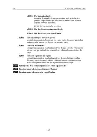 CIF 2. Funções sensoriais e dor
b28016 Dor nas articulações
sensação desagradável sentida numa ou mais articulações,
grandes ou pequenas, que indica lesão potencial ou real em
alguma estrutura do corpo
Inclui: dor na anca, dor no ombro
b28018 Dor localizada, outra especificada
b28019 Dor localizada, não especificada
b2802 Dor em múltiplas partes do corpo
sensação desagradável, localizada em várias partes do corpo, que indica
lesão potencial ou real em alguma estrutura do corpo
b2803 Dor num dermátomo
sensação desagradável localizada em áreas da pele servidas pela mesma
raiz nervosa que indica lesão potencial ou real em alguma estrutura do
corpo
b2804 Dor num segmento ou região
sensação desagradável localizada em áreas da superfície corporal de
diferentes partes do corpo, não servidas pela mesma raiz nervosa, que
indica lesão potencial ou real em alguma estrutura do corpo
b289 Sensação de dor, outras especificadas e não especificadas
b298 Funções sensoriais e dor, outras especificadas
b299 Funções sensoriais e dor, não especificadas
67
 