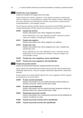 CIF 4. Funções do aparelho cardiovascular, dos sistemas hematológico e imunológico e do aparelho respiratório
b415 Funções dos vasos sanguíneos
funções de transporte de sangue através do corpo
Inclui: funções das artérias, capilares e veias; função vasomotora; funções das
artérias, capilares e veias pulmonares; funções das válvulas venosas; deficiências,
tais como, obstrução ou constrição das artérias; aterosclerose, arteriosclerose,
tromboembolismo e varicosidades venosas
Exclui; funções cardíacas (b410); funções da pressão arterial (b420); funções do
sistema hematológico (b430); funções da tolerância ao exercício (b455)
b4150 Funções das artérias
funções relacionadas com o fluxo sanguíneo nas artérias
Inclui: deficiências, tais como, dilatação arterial; constrição arterial,
como por exemplo, na claudicação intermitente
b4151 Funções dos capilares
funções relacionadas com o fluxo sanguíneo nos capilares
b4152 Funções das veias
funções relacionadas com o fluxo sanguíneo nas veias, e funções das
válvulas das veias
Inclui: deficiências, tais como, dilatação venosa; constrição venosa;
insuficiência no encerramento das válvulas, como por exemplo, nas
varicosidades venosas
b4158 Funções dos vasos sanguíneos, outras especificadas
b4159 Funções dos vasos sanguíneos, não especificadas
b420 Funções da pressão arterial
funções de manutenção da pressão sanguínea dentro das artérias
Inclui: funções de manutenção da pressão arterial, pressão arterial aumentada e
diminuída; deficiências, como por exemplo, hipotensão, hipertensão e hipotensão
postural
Exclui: funções do coração (b410); funções dos vasos sanguíneos (b415); funções
de tolerância ao exercício (b455)
b4200 Pressão arterial aumentada
funções relacionadas com uma subida da pressão arterial sistólica ou
diastólica acima dos valores normais para a idade
b4201 Pressão arterial diminuída
funções relacionadas com uma queda da pressão sanguínea sistólica ou
diastólica abaixo dos valores normais para a idade
b4202 Manutenção da pressão arterial
funções relacionadas com a manutenção da pressão arterial adequada em
resposta a mudanças no corpo
b4208 Funções da pressão arterial, outras especificadas
b4209 Funções da pressão arterial, não especificadas
71
 