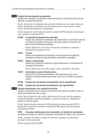 7. Funções neuromusculoesqueléticas e relacionadas com o movimento CIF
b765 Funções dos movimentos involuntários
funções de contracções involuntárias, não intencionais ou semi-intencionais de um
músculo ou grupo de músculos
Inclui: contracções involuntárias dos músculos; deficiências, tais como, tremores,
tiques, maneirismos, estereótipos, perseveração motora, coréia, atetose, tiques
vocais, movimentos distónicos e disquinésia
Exclui: funções de controlo do movimento voluntário (b760); funções relacionadas
com o padrão de marcha (b770)
b7650 Contracção involuntária dos músculos
funções de contracção involuntária, não intencional ou semi-intencional de
um músculo ou grupo de músculos, tais como, aqueles envolvidos em
parte de uma disfunção psicológica
Inclui: deficiências, tais como, movimentos coreiformes e atetóides;
disquinésia associada ao sono
b7651 Tremor
funções de alternância de contracção e relaxamento de um grupo de
músculos em torno de uma articulação, resultando em agitação
b7652 Tiques e maneirismos
funções de contracções repetitivas, quasi-intencionais e involuntárias de
um grupo de músculos
Inclui: deficiências, tais como, tiques vocais, coprolalia e bruxismo
b7653 Estereótipos e perseverância motora
funções de movimentos espontâneos, não intencionais, tais como,
balançar-se repetitivamente para frente e para trás e inclinar ou sacudir a
cabeça
b7658 Funções dos movimentos involuntários, outras especificadas
b7659 Funções dos movimentos involuntários, não especificadas
b770 Funções relacionadas com o padrão de marcha
funções relacionadas com os tipos de movimentos associados com andar, correr ou
outros movimentos de todo o corpo
Inclui: tipos de marcha e de corrida; deficiências, tais como, marcha espástica,
marcha hemiplégica, marcha paraplégica , marcha assimétrica, claudicação e
padrão de marcha rígida
Exclui: funções da força muscular (b730); funções do tónus muscular (b735);
funções de controlo do movimento voluntário (b760); funções dos movimentos
involuntários (b765)
b780 Sensações relacionadas com os músculos e as funções do movimento
sensações associadas aos músculos ou grupos musculares do corpo e seu movimento
Inclui: sensações de rigidez e tensão dos músculos, espasmo ou contractura
muscular e dureza muscular
Exclui: sensação de dor (b280)
92
 