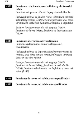 Funciones Corporales
b330
CIF
Funciones relacionadas con la fluidez y el ritmo del
habla
Funciones de producción del flujo y ritmo del habla.
Incluye: funciones de fluidez, ritmo, velocidad y melodía
del habla; prosodia y entonación; deficiencias tales como
tartamudez, verborrea, balbuceo, bradilalia y taquilalia
Excluye: funciones mentales del lenguaje (b167);
funciones de la voz (b310); funciones de la articulación
(b320)
Funciones alternativas de vocalización
Funciones relacionadas con otras formas de
vocalización.
Incluye: funciones de la producción de notas y rango de
sonidos, tales como cantar, corear, balbucear, tararear;
llorar en voz alta y gritar
Excluye: funciones mentales del lenguaje (b167);
funciones de la voz (b310); funciones de articulación
(b320); funciones relacionadas con la fluidez y ritmo del
habla (b330)
Funciones de la voz y el habla, otras especificadas
Funciones de la voz y el habla, no especificadas
b340
b398
b399
91
 
