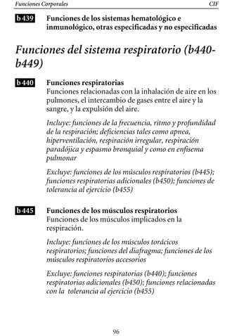 Funciones Corporales CIF
b439 Funciones de los sistemas hematológico e
inmunológico, otras especificadas y no especificadas
Funciones del sistema respiratorio (b440­
b449)
b440
b445
Funciones respiratorias
Funciones relacionadas con la inhalación de aire en los
pulmones, el intercambio de gases entre el aire y la
sangre, y la expulsión del aire.
Incluye: funciones de la frecuencia, ritmo y profundidad
de la respiración; deficiencias tales como apnea,
hiperventilación, respiración irregular, respiración
paradójica y espasmo bronquial y como en enfisema
pulmonar
Excluye: funciones de los músculos respiratorios (b445);
funciones respiratorias adicionales (b450); funciones de
tolerancia al ejercicio (b455)
Funciones de los músculos respiratorios
Funciones de los músculos implicados en la
respiración.
Incluye: funciones de los músculos torácicos
respiratorios; funciones del diafragma; funciones de los
músculos respiratorios accesorios
Excluye: funciones respiratorias (b440); funciones
respiratorias adicionales (b450); funciones relacionadas
con la tolerancia al ejercicio (b455)
96
 