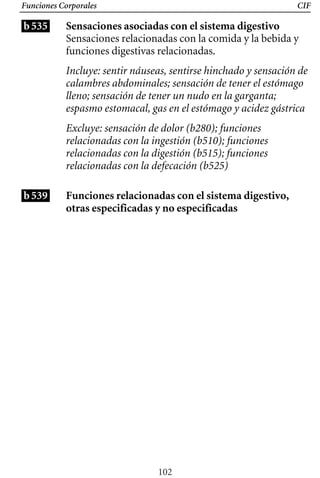Funciones Corporales
b535
CIF
Sensaciones asociadas con el sistema digestivo
Sensaciones relacionadas con la comida y la bebida y
funciones digestivas relacionadas.
Incluye: sentir náuseas, sentirse hinchado y sensación de
calambres abdominales; sensación de tener el estómago
lleno; sensación de tener un nudo en la garganta;
espasmo estomacal, gas en el estómago y acidez gástrica
Excluye: sensación de dolor (b280); funciones
relacionadas con la ingestión (b510); funciones
relacionadas con la digestión (b515); funciones
relacionadas con la defecación (b525)
b539 Funciones relacionadas con el sistema digestivo,
otras especificadas y no especificadas
102
 
