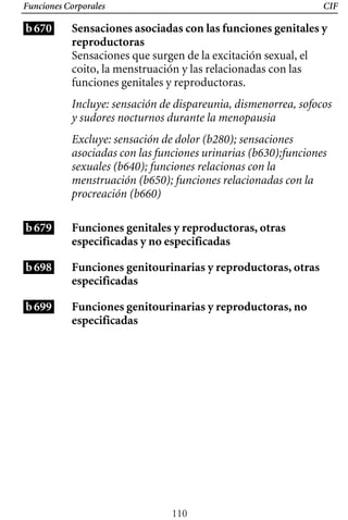 Funciones Corporales
b670
CIF
Sensaciones asociadas con las funciones genitales y
reproductoras
Sensaciones que surgen de la excitación sexual, el
coito, la menstruación y las relacionadas con las
funciones genitales y reproductoras.
Incluye: sensación de dispareunia, dismenorrea, sofocos
y sudores nocturnos durante la menopausia
Excluye: sensación de dolor (b280); sensaciones
asociadas con las funciones urinarias (b630);funciones
sexuales (b640); funciones relacionas con la
menstruación (b650); funciones relacionadas con la
procreación (b660)
b679
b698
b699
Funciones genitales y reproductoras, otras
especificadas y no especificadas
Funciones genitourinarias y reproductoras, otras
especificadas
Funciones genitourinarias y reproductoras, no
especificadas
110
 