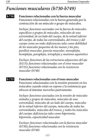 CIF Funciones Corporales
Funciones musculares (b730-b749)
b730 Funciones relacionadas con la fuerza muscular
Funciones relacionadas con la fuerza generada por la
contracción de un músculo o grupo de músculos.
Incluye: funciones asociadas con la fuerza de músculos
específicos o grupos de músculos, músculos de una
extremidad, de un lado del cuerpo, de la mitad inferior
del cuerpo, de todas las extremidades, del tronco y del
cuerpo como un todo; deficiencias tales como debilidad
de los músculos pequeños de las manos y los pies,
parálisis muscular, paresia muscular, monoplejia,
hemiplejia, paraplejia, tetraplejia y mutismo aquinético
Excluye: funciones de las estructuras adyacentes del ojo
(b215); funciones relacionadas con el tono muscular
(b735); funciones relacionadas con la resistencia
muscular (b740)
Funciones relacionadas con el tono muscular
b735
Funciones relacionadas con la tensión presente en los
músculos cuando están en reposo y la resistencia que
ofrecen al intentar moverlos pasivamente.
Incluye: funciones asociadas con la tensión de músculos
aislados y grupos de músculos, músculos de una
extremidad, músculos de un lado del cuerpo, músculos
de la mitad inferior del cuerpo, músculos de todas las
extremidades, músculos del tronco, y todos los músculos
del cuerpo; deficiencias tales como hipertonía,
hipotonía, espasticidad muscular
Excluye: funciones relacionadas con la fuerza muscular
(b730); funciones relacionadas con la resistencia
muscular (b740)
113
 