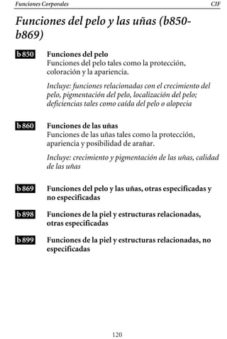 Funciones Corporales CIF
Funciones del pelo y las uñas (b850­
b869)
b850
b860
b869
b898
b899
Funciones del pelo
Funciones del pelo tales como la protección,
coloración y la apariencia.
Incluye: funciones relacionadas con el crecimiento del
pelo, pigmentación del pelo, localización del pelo;
deficiencias tales como caída del pelo o alopecia
Funciones de las uñas
Funciones de las uñas tales como la protección,
apariencia y posibilidad de arañar.
Incluye: crecimiento y pigmentación de las uñas, calidad
de las uñas
Funciones del pelo y las uñas, otras especificadas y
no especificadas
Funciones de la piel y estructuras relacionadas,
otras especificadas
Funciones de la piel y estructuras relacionadas, no
especificadas
120
 