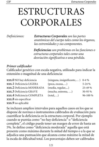 CIF Estructuras Corporales
ESTRUCTURAS 

CORPORALES 

Definiciones: 	 Estructuras Corporales son las partes
anatómicas del cuerpo tales como los órganos,
las extremidades y sus componentes.
Deficiencias son problemas en las funciones o
estructuras corporales tales como una
desviación significativa o una pérdida.
Primer calificador
Calificador genérico con escala negativa, utilizado para indicar la
extensión o magnitud de una deficiencia:
xxx.0 NO hay deficiencia (ninguna, insignificante,… ) 0-4 %
xxx.1 Deficiencia LIGERA (poca, escasa,…) 5-24 %
xxx.2 Deficiencia MODERADA (media, regular,...) 25-49 %
xxx.3 Deficiencia GRAVE (mucha, extrema, …) 50-95 %
xxx.4 Deficiencia COMPLETA (total,…) 96-100 %
xxx.8 sin especificar
xxx.9 no aplicable
Se incluyen amplios intervalos para aquellos casos en los que se
dispone de normas o instrumentos calibrados de evaluación para
cuantificar la deficiencia en la estructura corporal. Por ejemplo
cuando se puntúa como “no hay deficiencia” o “deficiencia
completa”, el código puede tener un margen de error de hasta un
5%. Se define como “deficiencia moderada” aquella que está
presente como máximo durante la mitad del tiempo o a la que se
adjudica una puntuación que alcanza como máximo la mitad de
la escala de dificultad total. Los porcentajes deben ser calibrados
121
 