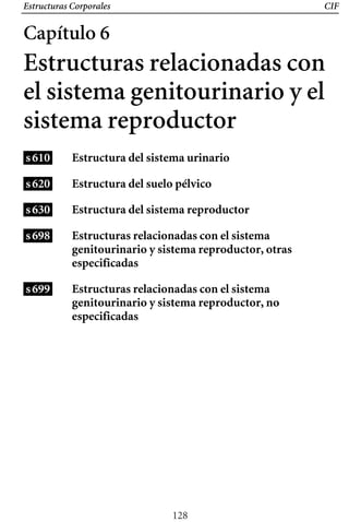 Estructuras Corporales CIF
Estructura del sistema urinario
Estructura del suelo pélvico
Estructura del sistema reproductor
Estructuras relacionadas con el sistema
genitourinario y sistema reproductor, otras
especificadas
Estructuras relacionadas con el sistema
genitourinario y sistema reproductor, no
especificadas
Capítulo 6
Estructuras relacionadas con
el sistema genitourinario y el
sistema reproductor
s610
s620
s630
s698
s699
128
 