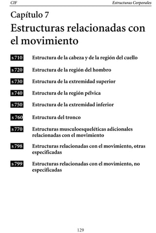 CIF Estructuras Corporales
Capítulo 7
Estructuras relacionadas con
el movimiento
s710
s720
s730
s740
s750
s 760
s770
s798
s799
Estructura de la cabeza y de la región del cuello
Estructura de la región del hombro
Estructura de la extremidad superior
Estructura de la región pélvica
Estructura de la extremidad inferior
Estructura del tronco
Estructuras musculoesqueléticas adicionales
relacionadas con el movimiento
Estructuras relacionadas con el movimiento, otras
especificadas
Estructuras relacionadas con el movimiento, no
especificadas
129
 