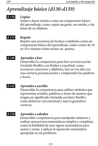 CIF Actividades y Participación
Aprendizaje básico (d130-d159)
d130 Copiar
Imitar o hacer mímica como un componente básico
del aprendizaje, como copiar un gesto, un sonido, o las
letras de un alfabeto.
Repetir
Repetir una secuencia de hechos o símbolos como un
componente básico del aprendizaje, como contar de 10
en 10 o ensayar cómo recitar un poema.
Aprender a leer
Desarrollar la competencia para leer un texto escrito
(incluido Braille) con fluidez y exactitud, como
reconocer caracteres y alfabetos, leer en voz alta con
una correcta pronunciación y comprender las palabras
y frases.
Aprender a escribir
Desarrollar la competencia para utilizar símbolos que
representen sonidos, palabras o frases de manera que
tengan un significado (incluida escritura Braille),
como deletrear con exactitud y usar la gramática
correcta.
Aprender a calcular
Desarrollar competencia para manipular números y
realizar operaciones matemáticas simples y complejas,
como la habilidad de usar signos matemáticos para
sumar y restar, y aplicar la operación matemática
apropiada en un problema.
d135
d140
d145
d150
135
 