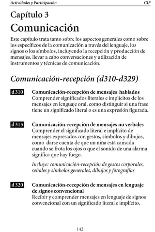 Actividades y Participación CIF
Capítulo 3
Comunicación
Este capítulo trata tanto sobre los aspectos generales como sobre
los específicos de la comunicación a través del lenguaje, los
signos o los símbolos, incluyendo la recepción y producción de
mensajes, llevar a cabo conversaciones y utilización de
instrumentos y técnicas de comunicación.
Comunicación-recepción (d310-d329)
d310 Comunicación-recepción de mensajes hablados
Comprender significados literales e implícitos de los
mensajes en lenguaje oral, como distinguir si una frase
tiene un significado literal o es una expresión figurada.
d315 Comunicación-recepción de mensajes no verbales
Comprender el significado literal e implícito de
mensajes expresados con gestos, símbolos y dibujos,
como darse cuenta de que un niña está cansada
cuando se frota los ojos o que el sonido de una alarma
significa que hay fuego.
Incluye: comunicación-recepción de gestos corporales,
señales y símbolos generales, dibujos y fotografías
d320 Comunicación-recepción de mensajes en lenguaje
de signos convencional
Recibir y comprender mensajes en lenguaje de signos
convencional con un significado literal e implícito.
142
 