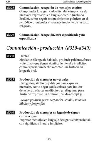 Actividades y Participación
CIF
d325 Comunicación-recepción de mensajes escritos
Comprender los significados literales e implícitos de
mensajes expresados en lenguaje escrito (incluido
Braille), como seguir acontecimientos políticos en el
periódico o entender el mensaje implícito de un texto
religioso.
d329 Comunicación-recepción, otra especificada y no
especificada
Comunicación - producción (d330-d349)
d330 Hablar
Mediante el lenguaje hablado, producir palabras, frases
y discursos que tienen significado literal e implícito,
como expresar un hecho o contar una historia en
lenguaje oral.
d335 Producción de mensajes no verbales
Usar gestos, símbolos y dibujos para expresar 

mensajes, como negar con la cabeza para indicar 

desacuerdo o hacer un dibujo o un diagrama para 

ilustrar o expresar un hecho o una idea compleja. 

Incluye: producir gestos corporales, señales, símbolos,
dibujos y fotografías
d340 Producción de mensajes en leguaje de signos
convencional
Expresar mensajes en lenguaje de signos convencional,
con significado literal e implícito.
143
 