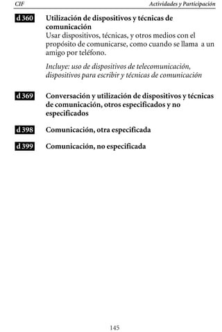 Actividades y Participación
d360
CIF
Utilización de dispositivos y técnicas de
comunicación
Usar dispositivos, técnicas, y otros medios con el
propósito de comunicarse, como cuando se llama a un
amigo por teléfono.
Incluye: uso de dispositivos de telecomunicación,
dispositivos para escribir y técnicas de comunicación
Conversación y utilización de dispositivos y técnicas
de comunicación, otros especificados y no
especificados
Comunicación, otra especificada
Comunicación, no especificada
d369
d398
d399
145
 