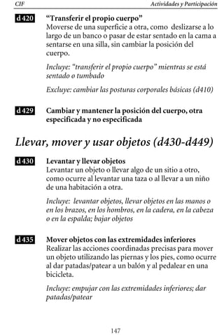 Actividades y Participación
CIF
d420 “Transferir el propio cuerpo”
Moverse de una superficie a otra, como deslizarse a lo
largo de un banco o pasar de estar sentado en la cama a
sentarse en una silla, sin cambiar la posición del
cuerpo.
Incluye: “transferir el propio cuerpo” mientras se está
sentado o tumbado
Excluye: cambiar las posturas corporales básicas (d410)
d429 Cambiar y mantener la posición del cuerpo, otra
especificada y no especificada
Llevar, mover y usar objetos (d430-d449)
d430 Levantar y llevar objetos
Levantar un objeto o llevar algo de un sitio a otro,
como ocurre al levantar una taza o al llevar a un niño
de una habitación a otra.
Incluye: levantar objetos, llevar objetos en las manos o
en los brazos, en los hombros, en la cadera, en la cabeza
o en la espalda; bajar objetos
d435 Mover objetos con las extremidades inferiores
Realizar las acciones coordinadas precisas para mover
un objeto utilizando las piernas y los pies, como ocurre
al dar patadas/patear a un balón y al pedalear en una
bicicleta.
Incluye: empujar con las extremidades inferiores; dar
patadas/patear
147
 
