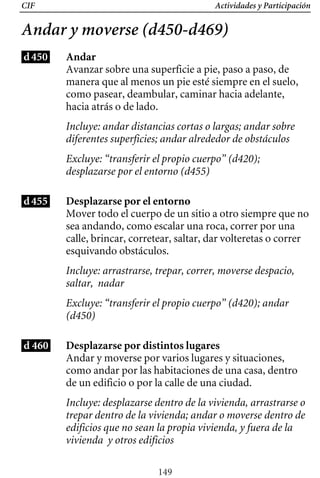 CIF Actividades y Participación
Andar y moverse (d450-d469)
d450 Andar
Avanzar sobre una superficie a pie, paso a paso, de
manera que al menos un pie esté siempre en el suelo,
como pasear, deambular, caminar hacia adelante,
hacia atrás o de lado.
Incluye: andar distancias cortas o largas; andar sobre
diferentes superficies; andar alrededor de obstáculos
Excluye: “transferir el propio cuerpo” (d420);
desplazarse por el entorno (d455)
d455
d 460
Desplazarse por el entorno
Mover todo el cuerpo de un sitio a otro siempre que no
calle, brincar, corretear, saltar, dar volteretas o correr
sea andando, como escalar una roca, correr por una
esquivando obstáculos.
Incluye: arrastrarse, trepar, correr, moverse despacio,
saltar, nadar
Excluye: “transferir el propio cuerpo” (d420); andar
(d450)
Desplazarse por distintos lugares
Andar y moverse por varios lugares y situaciones,
como andar por las habitaciones de una casa, dentro
de un edificio o por la calle de una ciudad.
Incluye: desplazarse dentro de la vivienda, arrastrarse o
trepar dentro de la vivienda; andar o moverse dentro de
edificios que no sean la propia vivienda, y fuera de la
vivienda y otros edificios
149
 