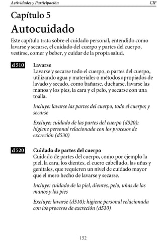Actividades y Participación CIF
Capítulo 5
Autocuidado
Este capítulo trata sobre el cuidado personal, entendido como
lavarse y secarse, el cuidado del cuerpo y partes del cuerpo,
vestirse, comer y beber, y cuidar de la propia salud.
d510 Lavarse
Lavarse y secarse todo el cuerpo, o partes del cuerpo,
utilizando agua y materiales o métodos apropiados de
lavado y secado, como bañarse, ducharse, lavarse las
manos y los pies, la cara y el pelo, y secarse con una
toalla.
Incluye: lavarse las partes del cuerpo, todo el cuerpo; y
secarse
Excluye: cuidado de las partes del cuerpo (d520);
higiene personal relacionada con los procesos de
excreción (d530)
d520 Cuidado de partes del cuerpo
Cuidado de partes del cuerpo, como por ejemplo la
piel, la cara, los dientes, el cuero cabelludo, las uñas y
genitales, que requieren un nivel de cuidado mayor
que el mero hecho de lavarse y secarse.
Incluye: cuidado de la piel, dientes, pelo, uñas de las
manos y los pies
Excluye: lavarse (d510); higiene personal relacionada
con los procesos de excreción (d530)
152
 
