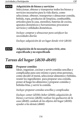 CIF
Actividades y Participación
d620 Adquisición de bienes y servicios
Seleccionar, obtener y transportar todos los bienes y
servicios necesarios para la vida diaria, como
seleccionar, obtener, transportar y almacenar comida,
bebida, ropa, productos de limpieza, combustible,
artículos para la casa, utensilios, baterías de cocina,
aparatos domésticos y herramientas; procurarse
servicios y utilidades domésticas.
Incluye: comprar y almacenar para satisfacer las
necesidades diarias
Excluye: adquisición de un lugar donde vivir (d610)
d629 Adquisición de lo necesario para vivir, otra
especificada y no especificada
Tareas del hogar (d630-d649)
d630 Preparar comidas
Idear, organizar, cocinar y servir comidas sencillas y
complicadas para uno mismo o para otras personas,
como decidir el menú, seleccionar alimentos y bebidas,
reunir los ingredientes para preparar una comida,
poner al fuego los alimentos y preparar comidas y
bebidas frías, y servir la comida.
Incluye: preparar comidas sencillas y complicadas
Excluye: comer (d550); beber (d560); adquisición de
bienes y servicios (d620); realizar los quehaceres de la
casa (d640); cuidado de los objetos del hogar (d650);
ayudar a los demás (d660)
156
 
