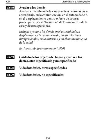 Actividades y Participación
d660
CIF
Ayudar a los demás
Ayudar a miembros de la casa y a otras personas en su
aprendizaje, en la comunicación, en el autocuidado o
en el desplazamiento dentro o fuera de la casa;
preocuparse por el “bienestar” de los miembros de la
casa y de otras personas.
Incluye: ayudar a los demás en el autocuidado, a
desplazarse, en la comunicación, en las relaciones
interpersonales, en la nutrición y en el mantenimiento
de la salud
Excluye: trabajo remunerado (d850)
Cuidado de los objetos del hogar y ayudar a los
demás, otro especificado y no especificado
Vida doméstica, otras especificadas
Vida doméstica, no especificadas
d669
d698
d699
159
 
