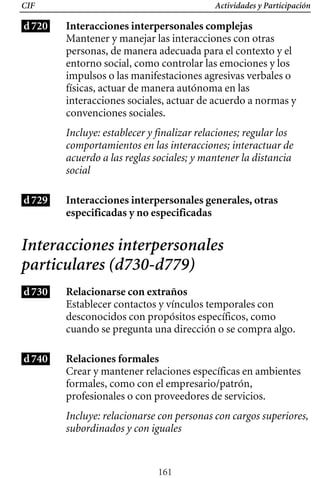 Actividades y Participación
CIF
d720 Interacciones interpersonales complejas
Mantener y manejar las interacciones con otras
personas, de manera adecuada para el contexto y el
entorno social, como controlar las emociones y los
impulsos o las manifestaciones agresivas verbales o
físicas, actuar de manera autónoma en las
interacciones sociales, actuar de acuerdo a normas y
convenciones sociales.
Incluye: establecer y finalizar relaciones; regular los
comportamientos en las interacciones; interactuar de
acuerdo a las reglas sociales; y mantener la distancia
social
d729 Interacciones interpersonales generales, otras
especificadas y no especificadas
Interacciones interpersonales
particulares (d730-d779)
d730 Relacionarse con extraños
Establecer contactos y vínculos temporales con
desconocidos con propósitos específicos, como
cuando se pregunta una dirección o se compra algo.
d740 Relaciones formales
Crear y mantener relaciones específicas en ambientes
formales, como con el empresario/patrón,
profesionales o con proveedores de servicios.
Incluye: relacionarse con personas con cargos superiores,
subordinados y con iguales
161
 