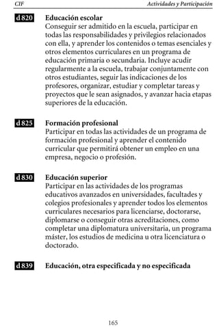 Actividades y Participación
d820
CIF
Educación escolar
Conseguir ser admitido en la escuela, participar en
todas las responsabilidades y privilegios relacionados
con ella, y aprender los contenidos o temas esenciales y
otros elementos curriculares en un programa de
educación primaria o secundaria. Incluye acudir
regularmente a la escuela, trabajar conjuntamente con
otros estudiantes, seguir las indicaciones de los
profesores, organizar, estudiar y completar tareas y
proyectos que le sean asignados, y avanzar hacia etapas
superiores de la educación.
Formación profesional
Participar en todas las actividades de un programa de
formación profesional y aprender el contenido
curricular que permitirá obtener un empleo en una
empresa, negocio o profesión.
Educación superior
Participar en las actividades de los programas
educativos avanzados en universidades, facultades y
colegios profesionales y aprender todos los elementos
curriculares necesarios para licenciarse, doctorarse,
diplomarse o conseguir otras acreditaciones, como
completar una diplomatura universitaria, un programa
máster, los estudios de medicina u otra licenciatura o
doctorado.
Educación, otra especificada y no especificada
d825
d830
d839
165
 