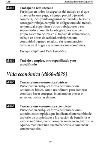 Actividades y Participación
CIF
d855 Trabajo no remunerado
Participar en todos los aspectos del trabajo en el que
no se recibe una paga, a tiempo parcial o jornada
completa, incluyendo organizar actividades, buscar y
conseguir trabajo, cumplir las obligaciones del trabajo,
ser puntual, supervisar a otros trabajadores o ser
supervisado y cumplir las obligaciones solo o en
grupo, tal como ocurre en el trabajo de voluntariado,
trabajo en obras de caridad, trabajar en una
comunidad o grupo religioso sin remuneración,
trabajar en el hogar sin remuneración económica.
Excluye: Capítulo 6 Vida Doméstica
d859 Trabajo y empleo, otro especificado y no
especificado
Vida económica (d860-d879)
d860 Transacciones económicas básicas
Participar en cualquier forma de transacción
económica básica, como usar dinero para comprar
comida o hacer trueques, intercambiar bienes o
servicios; o ahorrar dinero.
d865 Transacciones económicas complejas
Participar en cualquier forma de transacciones
económicas complejas que implican el intercambio de
capital o de propiedades y la creación de beneficios o
valor económico, como comprar un negocio, fábrica, o
equipo, mantener una cuenta bancaria, o comerciar
con mercancías.
167
 