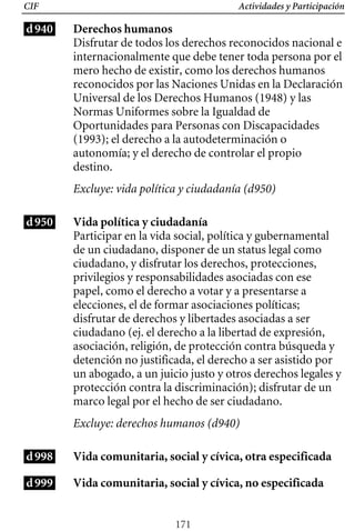 Actividades y Participación
CIF
d940 Derechos humanos
Disfrutar de todos los derechos reconocidos nacional e
internacionalmente que debe tener toda persona por el
mero hecho de existir, como los derechos humanos
reconocidos por las Naciones Unidas en la Declaración
Universal de los Derechos Humanos (1948) y las
Normas Uniformes sobre la Igualdad de
Oportunidades para Personas con Discapacidades
(1993); el derecho a la autodeterminación o
autonomía; y el derecho de controlar el propio
destino.
Excluye: vida política y ciudadanía (d950)
d950 Vida política y ciudadanía
Participar en la vida social, política y gubernamental
de un ciudadano, disponer de un status legal como
ciudadano, y disfrutar los derechos, protecciones,
privilegios y responsabilidades asociadas con ese
papel, como el derecho a votar y a presentarse a
elecciones, el de formar asociaciones políticas;
disfrutar de derechos y libertades asociadas a ser
ciudadano (ej. el derecho a la libertad de expresión,
asociación, religión, de protección contra búsqueda y
detención no justificada, el derecho a ser asistido por
un abogado, a un juicio justo y otros derechos legales y
protección contra la discriminación); disfrutar de un
marco legal por el hecho de ser ciudadano.
Excluye: derechos humanos (d940)
d998
d999
Vida comunitaria, social y cívica, otra especificada
Vida comunitaria, social y cívica, no especificada
171
 