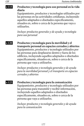 Factores Ambientales
CIF
e115 Productos y tecnología para uso personal en la vida
diaria
Equipamiento, productos y tecnologías utilizados por
las personas en las actividades cotidianas, incluyendo
aquellos adaptados o diseñados específicamente,
situados en, sobre o cerca de la persona que vaya a
utilizarlos.
Incluye: productos generales y de ayuda y tecnología
para uso personal
e120 Productos y tecnología para la movilidad y el
transporte personal en espacios cerrados y abiertos
Equipamiento, productos y tecnología utilizados por
las personas para desplazarse dentro y fuera de los
edificios, incluyendo aquellos adaptados o diseñados
específicamente, situados en, sobre o cerca de la
persona que vaya a utilizarlos.
Incluye: productos y tecnología generales y de ayuda 

para la movilidad personal y el transporte en espacios 

cerrados y abiertos

e125 Productos y tecnología para la comunicación
Equipamiento, productos y tecnología utilizados por
las personas para transmitir y recibir información,
incluyendo aquellos adaptados o diseñados
específicamente, situados en, sobre o cerca de la
persona que vaya a utilizarlos.
Incluye: productos y tecnología generales y de ayuda
para la comunicación
177
 