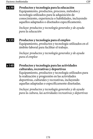 Factores Ambientales
e130
CIF
Productos y tecnología para la educación
Equipamiento, productos, procesos, métodos y
tecnología utilizados para la adquisición de
conocimiento, experiencia o habilidades, incluyendo
aquellos adaptados o diseñados específicamente.
Incluye: productos y tecnología generales y de ayuda
para la educación
e135 Productos y tecnología para el empleo
Equipamiento, productos y tecnología utilizados en el
ámbito laboral para facilitar el trabajo.
Incluye: productos y tecnología generales y de ayuda 

para el empleo

e140 Productos y tecnología para las actividades 

culturales, recreativas y deportivas 

Equipamiento, productos y tecnología utilizados para
la realización y progresión en las actividades
deportivas, culturales y recreativas, incluyendo
aquellas adaptadas o específicamente diseñadas.
Incluye: productos y tecnología generales y de ayuda
para la cultura, las actividades recreativas y deportivas
178
 