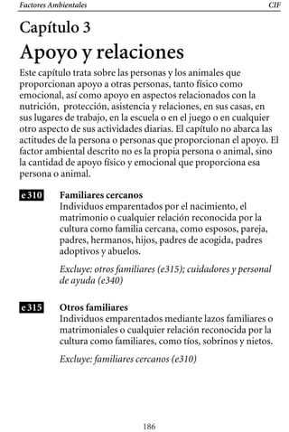 Factores Ambientales CIF
Capítulo 3
Apoyo y relaciones
Este capítulo trata sobre las personas y los animales que
proporcionan apoyo a otras personas, tanto físico como
emocional, así como apoyo en aspectos relacionados con la
nutrición, protección, asistencia y relaciones, en sus casas, en
sus lugares de trabajo, en la escuela o en el juego o en cualquier
otro aspecto de sus actividades diarias. El capítulo no abarca las
actitudes de la persona o personas que proporcionan el apoyo. El
factor ambiental descrito no es la propia persona o animal, sino
la cantidad de apoyo físico y emocional que proporciona esa
persona o animal.
e310 Familiares cercanos
Individuos emparentados por el nacimiento, el
matrimonio o cualquier relación reconocida por la
cultura como familia cercana, como esposos, pareja,
padres, hermanos, hijos, padres de acogida, padres
adoptivos y abuelos.
Excluye: otros familiares (e315); cuidadores y personal
de ayuda (e340)
e315 Otros familiares
Individuos emparentados mediante lazos familiares o
matrimoniales o cualquier relación reconocida por la
cultura como familiares, como tíos, sobrinos y nietos.
Excluye: familiares cercanos (e310)
186
 