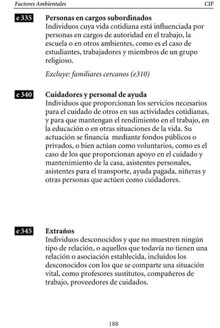Factores Ambientales
e335
CIF
Personas en cargos subordinados
Individuos cuya vida cotidiana está influenciada por
personas en cargos de autoridad en el trabajo, la
escuela o en otros ambientes, como es el caso de
estudiantes, trabajadores y miembros de un grupo
religioso.
Excluye: familiares cercanos (e310)
e340 Cuidadores y personal de ayuda
Individuos que proporcionan los servicios necesarios
para el cuidado de otros en sus actividades cotidianas,
y para que mantengan el rendimiento en el trabajo, en
la educación o en otras situaciones de la vida. Su
actuación se financia mediante fondos públicos o
privados, o bien actúan como voluntarios, como es el
caso de los que proporcionan apoyo en el cuidado y
mantenimiento de la casa, asistentes personales,
asistentes para el transporte, ayuda pagada, niñeras y
otras personas que actúen como cuidadores.
e345 Extraños
Individuos desconocidos y que no muestren ningún
tipo de relación, o aquellos que todavía no tienen una
relación o asociación establecida, incluidos los
desconocidos con los que se comparte una situación
vital, como profesores sustitutos, compañeros de
trabajo, proveedores de cuidados.
188
 