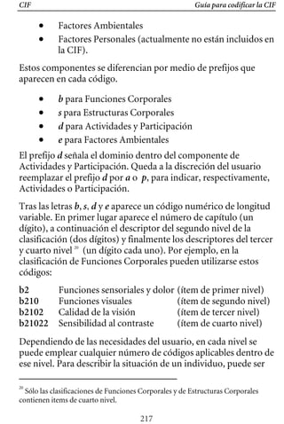 CIF Guía para codificar la CIF
• Factores Ambientales
• 	 Factores Personales (actualmente no están incluidos en
la CIF).
Estos componentes se diferencian por medio de prefijos que
aparecen en cada código.
• 	 b para Funciones Corporales
• 	 s para Estructuras Corporales
• 	 d para Actividades y Participación
• 	 e para Factores Ambientales
El prefijo d señala el dominio dentro del componente de
Actividades y Participación. Queda a la discreción del usuario
reemplazar el prefijo d por a o p, para indicar, respectivamente,
clasificación (dos dígitos) y finalmente los descriptores del tercer
aparece un código numérico de longitud
Actividades o Participación.
Tras las letras b, s, d y e
variable. En primer lugar aparece el número de capítulo (un
dígito), a continuación el descriptor del segundo nivel de la
y cuarto nivel 20
(un dígito cada uno). Por ejemplo, en la
clasificación de Funciones Corporales pueden utilizarse estos
códigos:
b2 Funciones sensoriales y dolor (ítem de primer nivel)
b210 Funciones visuales (ítem de segundo nivel)
b2102 Calidad de la visión (ítem de tercer nivel)
b21022 Sensibilidad al contraste (ítem de cuarto nivel)
Dependiendo de las necesidades del usuario, en cada nivel se
puede emplear cualquier número de códigos aplicables dentro de
ese nivel. Para describir la situación de un individuo, puede ser
20
Sólo las clasificaciones de Funciones Corporales y de Estructuras Corporales
contienen items de cuarto nivel.
217
 