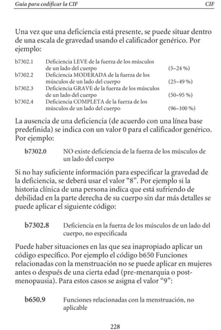 Guía para codificar la CIF CIF
Una vez que una deficiencia está presente, se puede situar dentro
de una escala de gravedad usando el calificador genérico. Por
ejemplo:
b7302.1 Deficiencia LEVE de la fuerza de los músculos
de un lado del cuerpo (5–24 %)
b7302.2 Deficiencia MODERADA de la fuerza de los
músculos de un lado del cuerpo (25–49 %)
b7302.3 Deficiencia GRAVE de la fuerza de los músculos
de un lado del cuerpo (50–95 %)
b7302.4 Deficiencia COMPLETA de la fuerza de los
músculos de un lado del cuerpo (96–100 %)
La ausencia de una deficiencia (de acuerdo con una línea base
predefinida) se indica con un valor 0 para el calificador genérico.
Por ejemplo:
b7302.0	 NO existe deficiencia de la fuerza de los músculos de

un lado del cuerpo

Si no hay suficiente información para especificar la gravedad de
la deficiencia, se deberá usar el valor “8”. Por ejemplo si la
historia clínica de una persona indica que está sufriendo de
debilidad en la parte derecha de su cuerpo sin dar más detalles se
puede aplicar el siguiente código:
b7302.8	 Deficiencia en la fuerza de los músculos de un lado del
cuerpo, no especificada
Puede haber situaciones en las que sea inapropiado aplicar un
código específico. Por ejemplo el código b650 Funciones
relacionadas con la menstruación no se puede aplicar en mujeres
antes o después de una cierta edad (pre-menarquia o post-
menopausia). Para estos casos se asigna el valor “9”:
b650.9	 Funciones relacionadas con la menstruación, no
aplicable
228
 