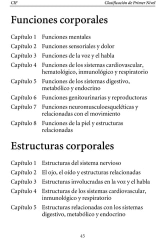 CIF Clasificación de Primer Nivel
Funciones corporales 

Capítulo 1 Funciones mentales
Capítulo 2 Funciones sensoriales y dolor
Capítulo 3 Funciones de la voz y el habla
Capítulo 4 Funciones de los sistemas cardiovascular,
hematológico, inmunológico y respiratorio
Capítulo 5 Funciones de los sistemas digestivo,
metabólico y endocrino
Capítulo 6 Funciones genitourinarias y reproductoras
Capítulo 7 Funciones neuromusculoesqueléticas y
relacionadas con el movimiento
Capítulo 8 Funciones de la piel y estructuras
relacionadas
Estructuras corporales
Capítulo 1 Estructuras del sistema nervioso
Capítulo 2 El ojo, el oído y estructuras relacionadas
Capítulo 3 Estructuras involucradas en la voz y el habla
Capítulo 4 Estructuras de los sistemas cardiovascular,
inmunológico y respiratorio
Capítulo 5 Estructuras relacionadas con los sistemas
digestivo, metabólico y endocrino
45
 