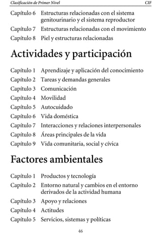 Clasificación de Primer Nivel CIF
Capítulo 6 Estructuras relacionadas con el sistema
genitourinario y el sistema reproductor
Capítulo 7 Estructuras relacionadas con el movimiento
Capítulo 8 Piel y estructuras relacionadas
Actividades y participación
Capítulo 1 Aprendizaje y aplicación del conocimiento
Capítulo 2 Tareas y demandas generales
Capítulo 3 Comunicación
Capítulo 4 Movilidad
Capítulo 5 Autocuidado
Capítulo 6 Vida doméstica
Capítulo 7 Interacciones y relaciones interpersonales
Capítulo 8 Áreas principales de la vida
Capítulo 9 Vida comunitaria, social y cívica
Factores ambientales
Capítulo 1 Productos y tecnología
Capítulo 2 Entorno natural y cambios en el entorno
derivados de la actividad humana
Capítulo 3 Apoyo y relaciones
Capítulo 4 Actitudes
Capítulo 5 Servicios, sistemas y políticas
46
 