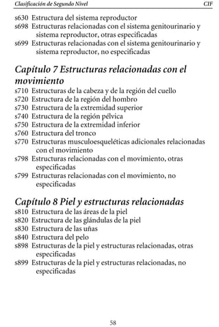 Clasificación de Segundo Nivel CIF
s630 Estructura del sistema reproductor
s698 Estructuras relacionadas con el sistema genitourinario y
sistema reproductor, otras especificadas
s699 Estructuras relacionadas con el sistema genitourinario y
sistema reproductor, no especificadas
Capítulo 7 Estructuras relacionadas con el
movimiento
s710 Estructuras de la cabeza y de la región del cuello
s720 Estructura de la región del hombro
s730 Estructura de la extremidad superior
s740 Estructura de la región pélvica
s750 Estructura de la extremidad inferior
s760 Estructura del tronco
s770 Estructuras musculoesqueléticas adicionales relacionadas
con el movimiento
s798 Estructuras relacionadas con el movimiento, otras
especificadas
s799 Estructuras relacionadas con el movimiento, no
especificadas
Capítulo 8 Piel y estructuras relacionadas
s810 Estructura de las áreas de la piel
s820 Estructura de las glándulas de la piel
s830 Estructura de las uñas
s840 Estructura del pelo
s898 Estructuras de la piel y estructuras relacionadas, otras
especificadas
s899 Estructuras de la piel y estructuras relacionadas, no
especificadas
58
 