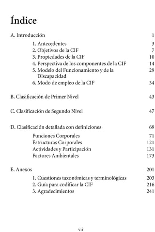 Índice
A. Introducción 	 1
1. Antecedentes 	 3
2. Objetivos de la CIF 	 7
3. Propiedades de la CIF 	 10
4. Perspectiva de los componentes de la CIF 14
5. Modelo del Funcionamiento y de la 	 29
Discapacidad 

6. Modo de empleo de la CIF 	 34
B. Clasificación de Primer Nivel 	 43
C. Clasificación de Segundo Nivel 	 47
D. Clasificación detallada con definiciones 	 69
Funciones Corporales 71
Estructuras Corporales 121
Actividades y Participación 131
Factores Ambientales 173
E. Anexos 	 201
1. Cuestiones taxonómicas y terminológicas 203
2. Guía para codificar la CIF 	 216
3. Agradecimientos 	 241
vii
 