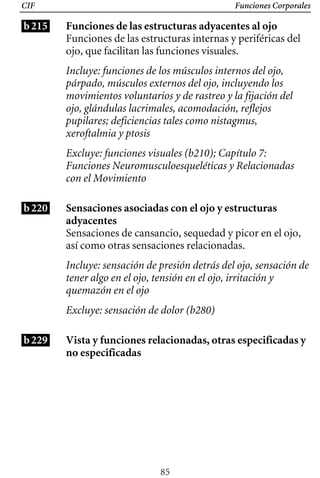 Funciones Corporales
CIF
b215 Funciones de las estructuras adyacentes al ojo
Funciones de las estructuras internas y periféricas del
ojo, que facilitan las funciones visuales.
Incluye: funciones de los músculos internos del ojo,
párpado, músculos externos del ojo, incluyendo los
movimientos voluntarios y de rastreo y la fijación del
ojo, glándulas lacrimales, acomodación, reflejos
pupilares; deficiencias tales como nistagmus,
xeroftalmia y ptosis
Excluye: funciones visuales (b210); Capítulo 7:
Funciones Neuromusculoesqueléticas y Relacionadas
con el Movimiento
b220 Sensaciones asociadas con el ojo y estructuras 

adyacentes 

Incluye: sensación de presión detrás del ojo, sensación de
tener algo en el ojo, tensión en el ojo, irritación y
quemazón en el ojo
Sensaciones de cansancio, sequedad y picor en el ojo,
así como otras sensaciones relacionadas.
Excluye: sensación de dolor (b280)
b229 Vista y funciones relacionadas, otras especificadas y
no especificadas
85
 