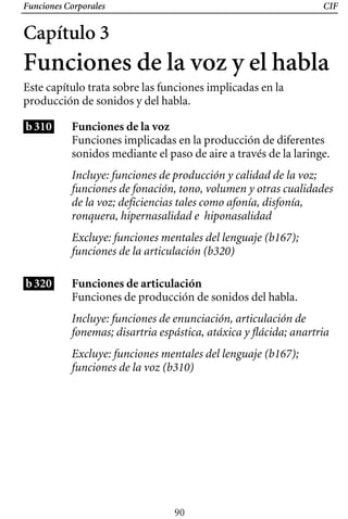Funciones Corporales CIF
Capítulo 3
Funciones de la voz y el habla
Este capítulo trata sobre las funciones implicadas en la
producción de sonidos y del habla.
b310 Funciones de la voz
Funciones implicadas en la producción de diferentes
sonidos mediante el paso de aire a través de la laringe.
Incluye: funciones de producción y calidad de la voz;
funciones de fonación, tono, volumen y otras cualidades
de la voz; deficiencias tales como afonía, disfonía,
ronquera, hipernasalidad e hiponasalidad
Excluye: funciones mentales del lenguaje (b167);
funciones de la articulación (b320)
Funciones de articulación
Funciones de producción de sonidos del habla.
b320
Incluye: funciones de enunciación, articulación de
fonemas; disartria espástica, atáxica y flácida; anartria
Excluye: funciones mentales del lenguaje (b167);
funciones de la voz (b310)
90
 