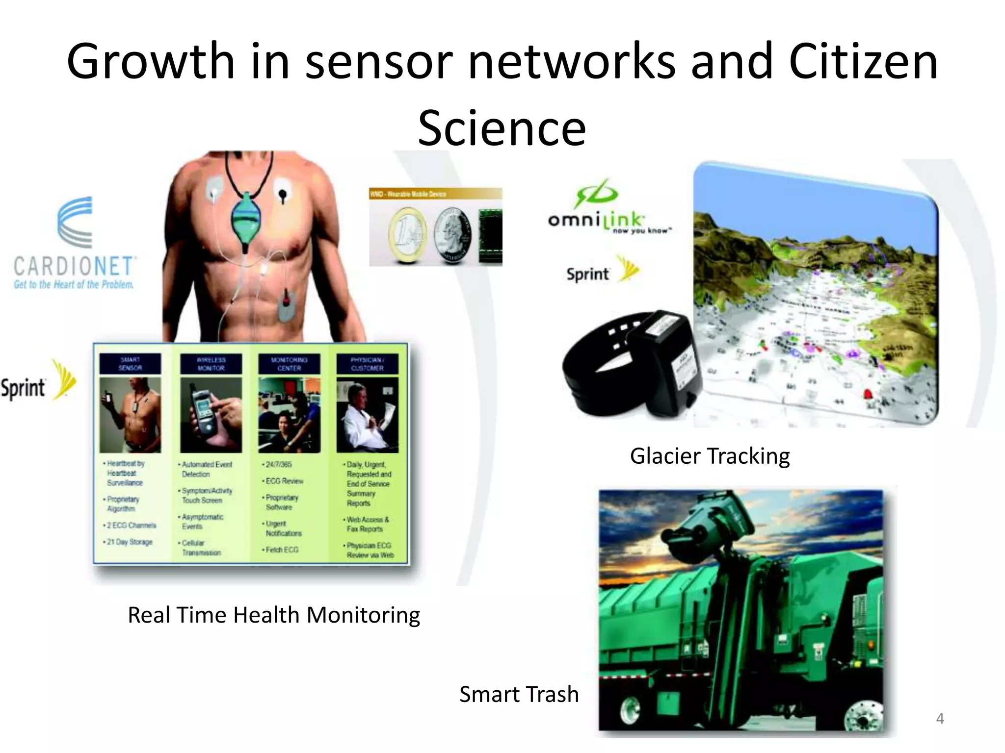 Growth in sensor networks and Citizen
              Science




                                              Glacier Tracking




  Real Time Health Monitoring


                                Smart Trash
                                                                 4
 