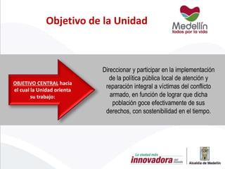 OBJETIVO CENTRAL hacia
el cual la Unidad orienta
su trabajo:
Direccionar y participar en la implementación
de la política pública local de atención y
reparación integral a víctimas del conflicto
armado, en función de lograr que dicha
población goce efectivamente de sus
derechos, con sostenibilidad en el tiempo.
Objetivo de la Unidad
 