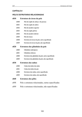 CIF Estruturas do Corpo
103
CAPÍTULO 8
PELE E ESTRUTURAS RELACIONADAS
s810 Estrutura de áreas da pele
s8100 Pele da região da cabeça e do pescoço
s8101 Pele da região do ombro
s8102 Pele do membro superior
s8103 Pele da região pélvica
s8104 Pele do membro inferior
s8105 Pele do tronco
s8108 Estrutura de áreas da pele, outra especificada
s8109 Estrutura de áreas da pele, não especificada
s820 Estrutura das glândulas da pele
s8200 Glândulas sudoríparas
s8201 Glândulas sebáceas
s8208 Estrutura das glândulas da pele, outra especificada
s8209 Estrutura das glândulas da pele, não especificada
s830 Estrutura das unhas
s8300 Unhas dos dedos das mãos
s8301 Unhas dos dedos dos pés
s8308 Estrutura das unhas, outra especificada
s8309 Estrutura das unhas, não especificada
s840 Estrutura dos pêlos
s898 Pele e estruturas relacionadas, outras especificadas
s899 Pele e estruturas relacionadas, não especificadas
 